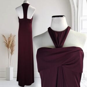 Jill Stuart Y Back Maxi Formal Dress Size 10 Plum Twist Bodice Stretch Jersey